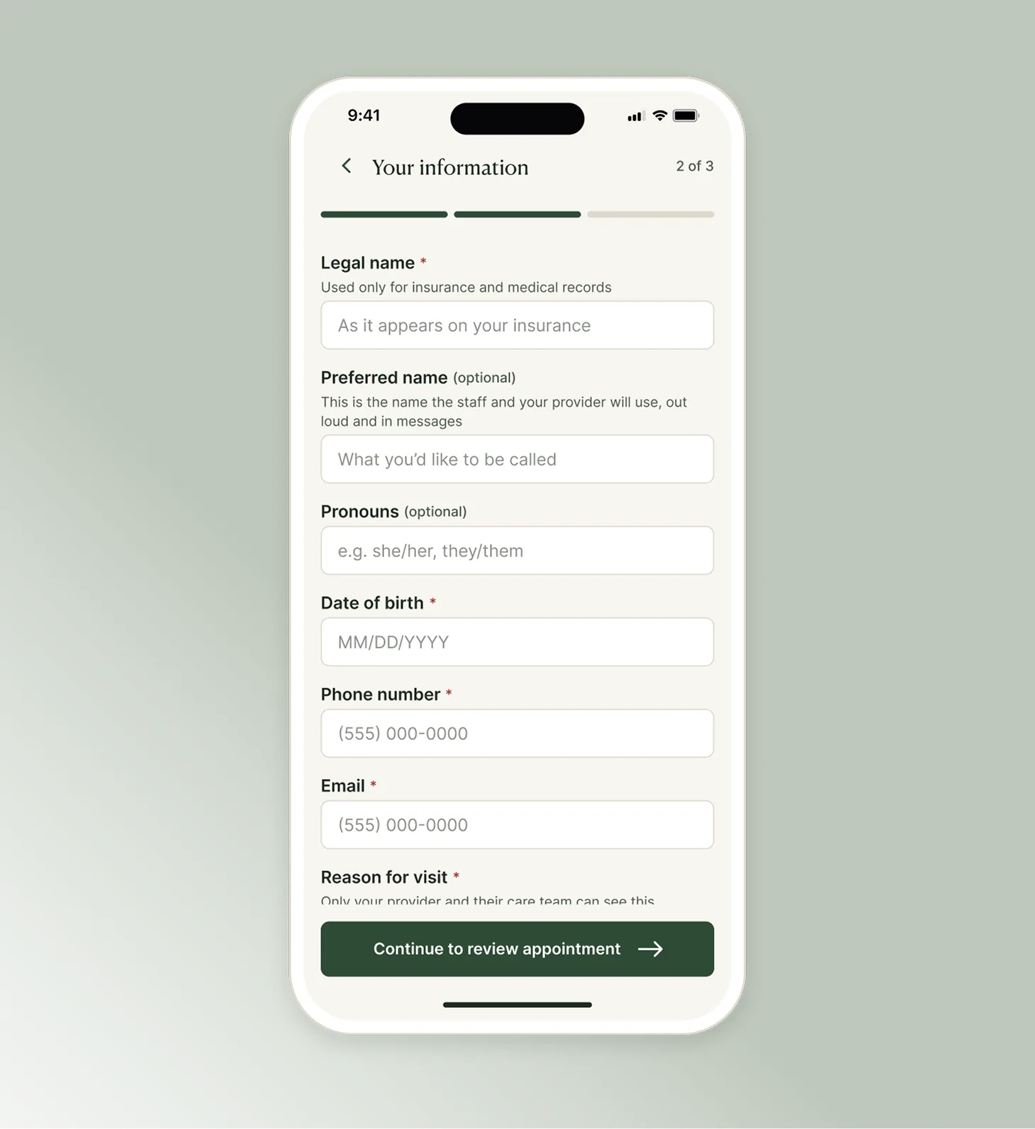 QT Care form with fields for legal name, preferred name, and pronouns