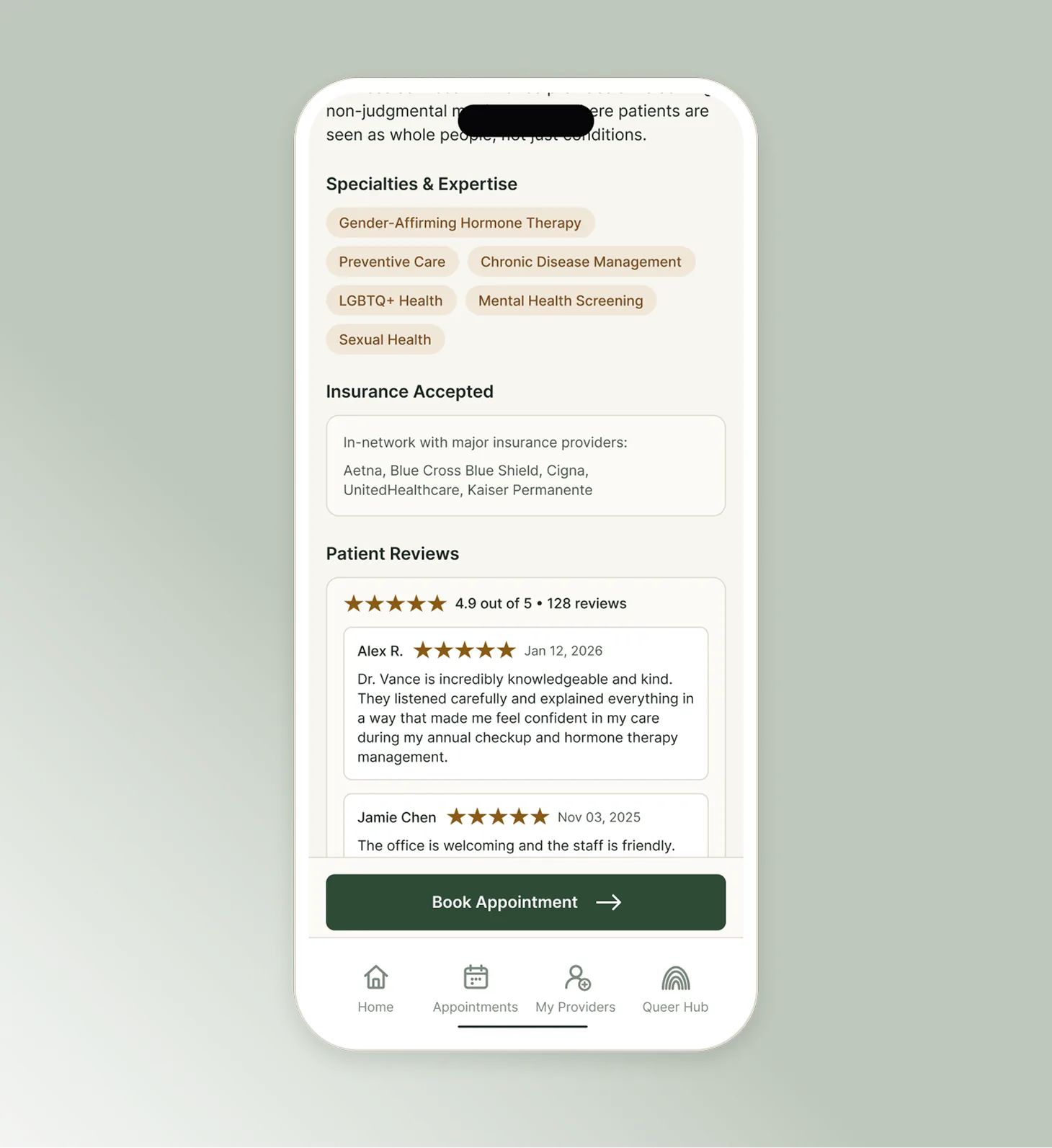 QT Care provider profile with specialties, accepted insurance, and patient reviews