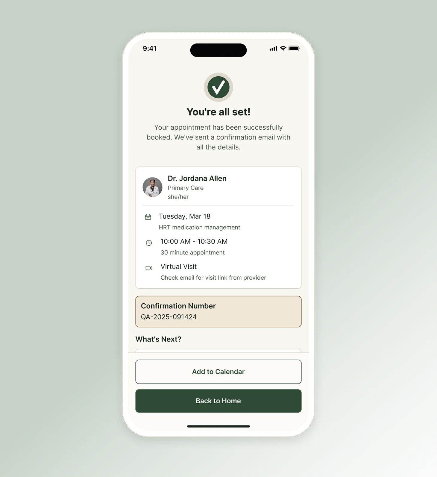 QT Care app screen confirming a booked appointment
