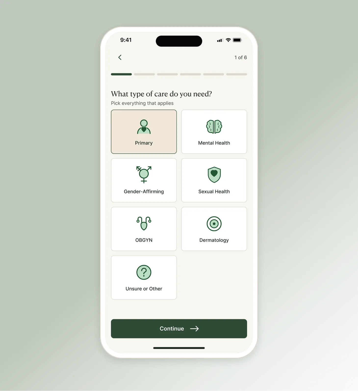 QT Care app screen asking what type of care you need, with options like primary care, mental health, and gender-affirming care