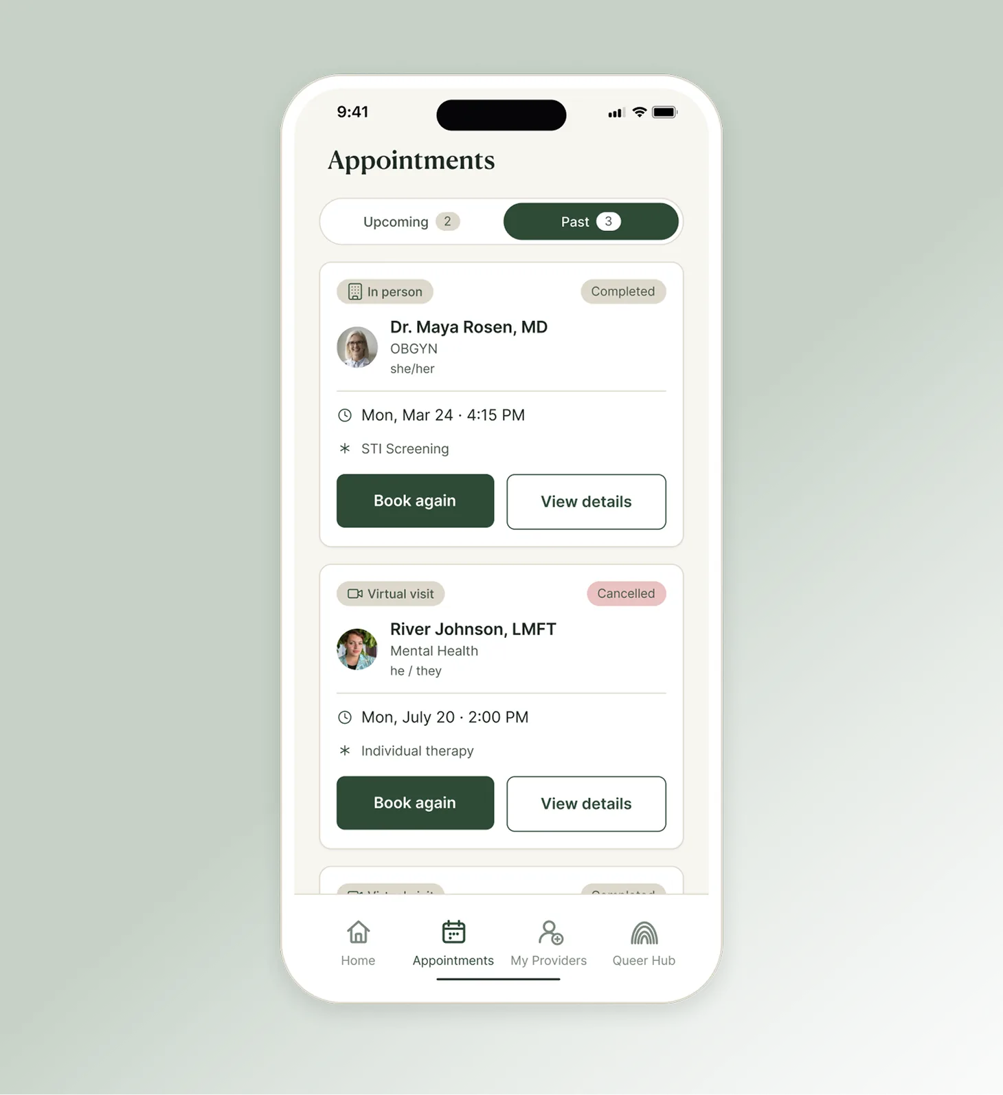 QT Care app screen listing past appointments with options to book again